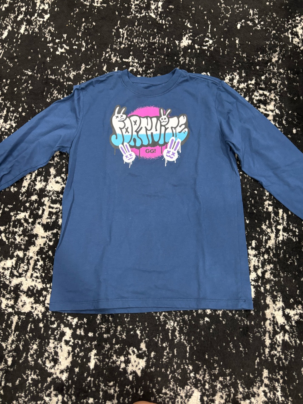 Blue Graphic Long-Sleeve Tee with Playful Bunny Design